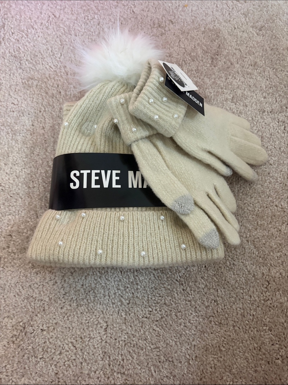 Steve Madden Cream Knit Pom Beanie and Pearl-Accent Gloves